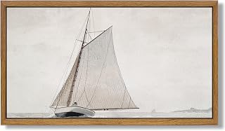 Aroutde Framed Canvas Wall Art, Vintage White Muted Sailboat Wall Decor Retro Ocean Landscape Watercolor Painting Seascape Coastal Picture for Living Room Bedroom Office Decor(18''x10'', Framed)