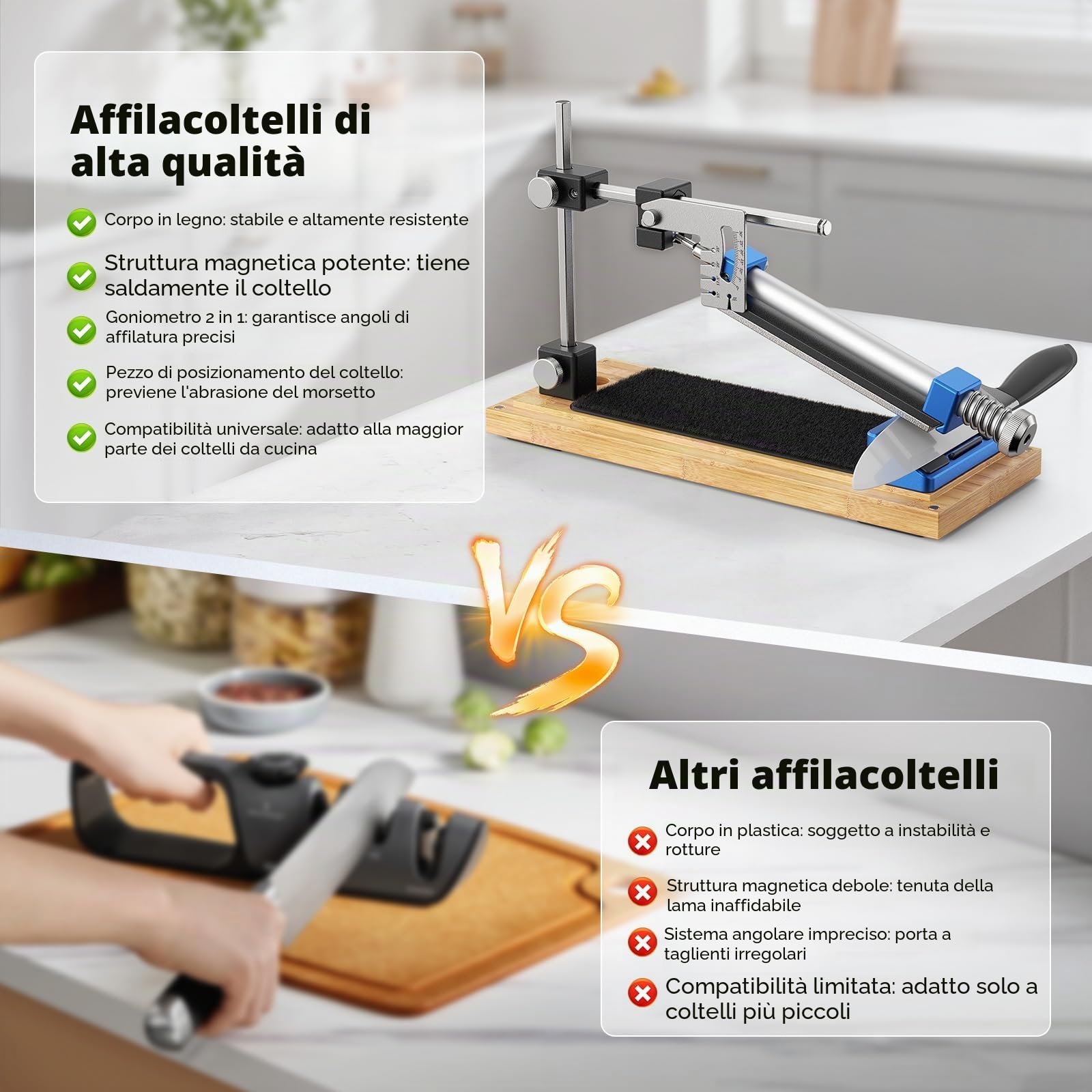 Affilacoltelli manuale con guida angolare – Kit professionale comprensivo di 4 pietre per affilare, adatto a tutti i coltelli da cucina e da outdoor, con base antiscivolo in legno