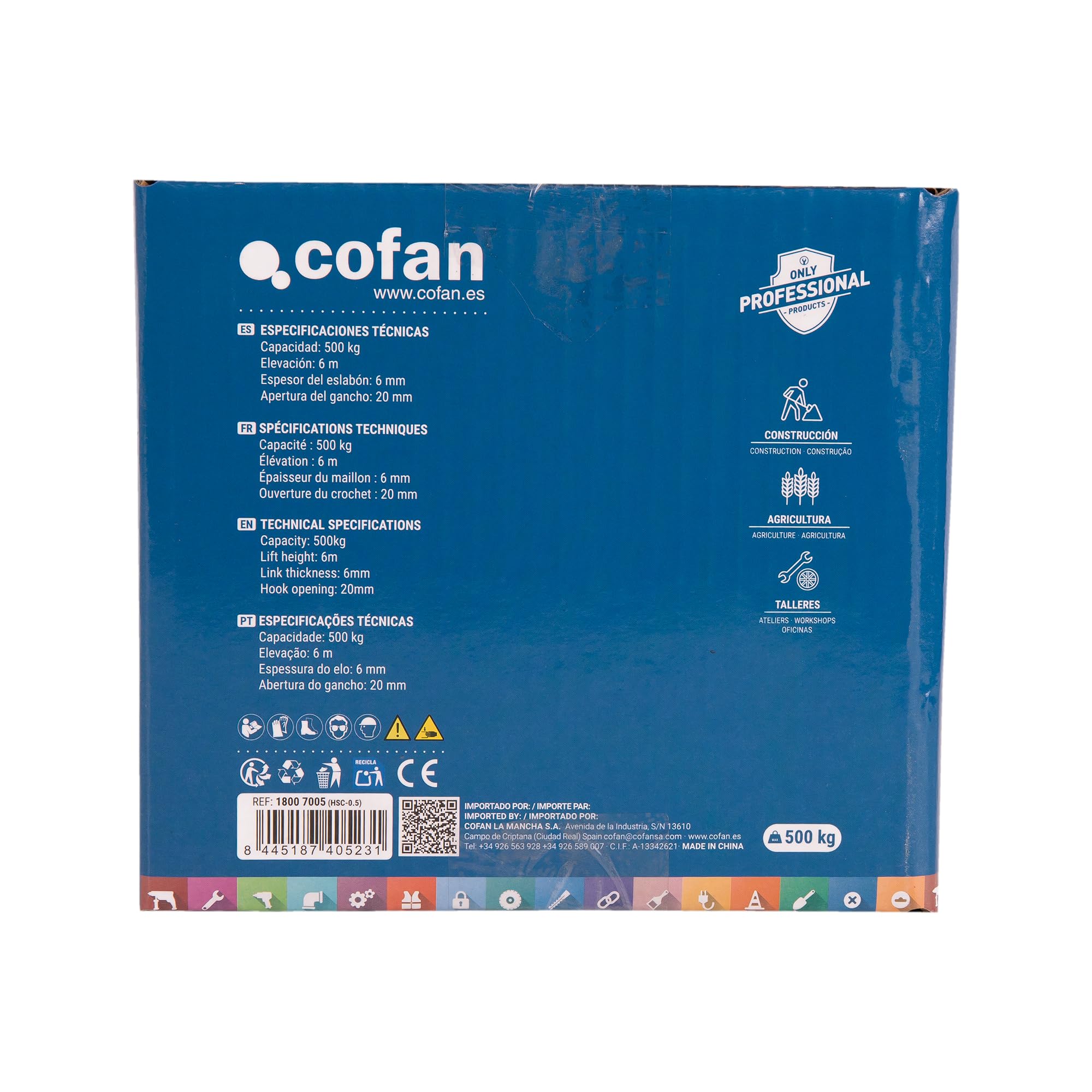 Cofan Polipasto de cadena manual | Altura de elevación: 6 m | Capacidad de carga: 500, 1000, 2000, 3000 o 5000 kg | Color: azul | Gancho resistente (Azul, Carga 1000 kg)