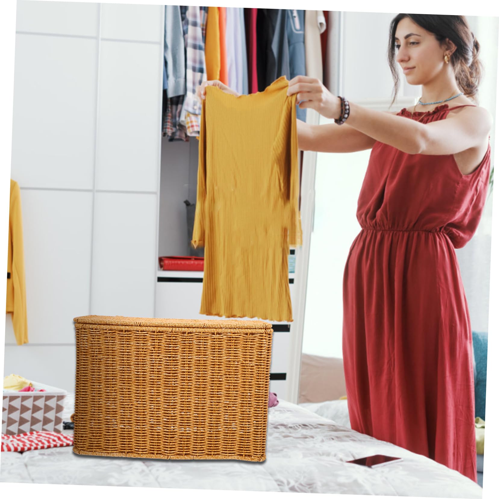 Luxshiny Contenitore di Stoccaggio Intrecciato in Plastica con Manici, Cesta Rettangolare Multiuso con Grande Capacità per Organizzazione e Decorazione Dell’ambiente