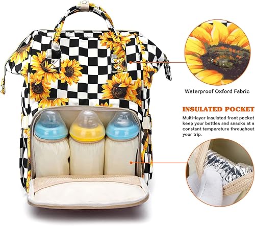 Miniatura 2 de Mochila de pañales 3 en 1, bolsas de bebé multifunción con cambiador y correas para cochecito, bolsa de pañales para mamá, Girasol a cuadros,