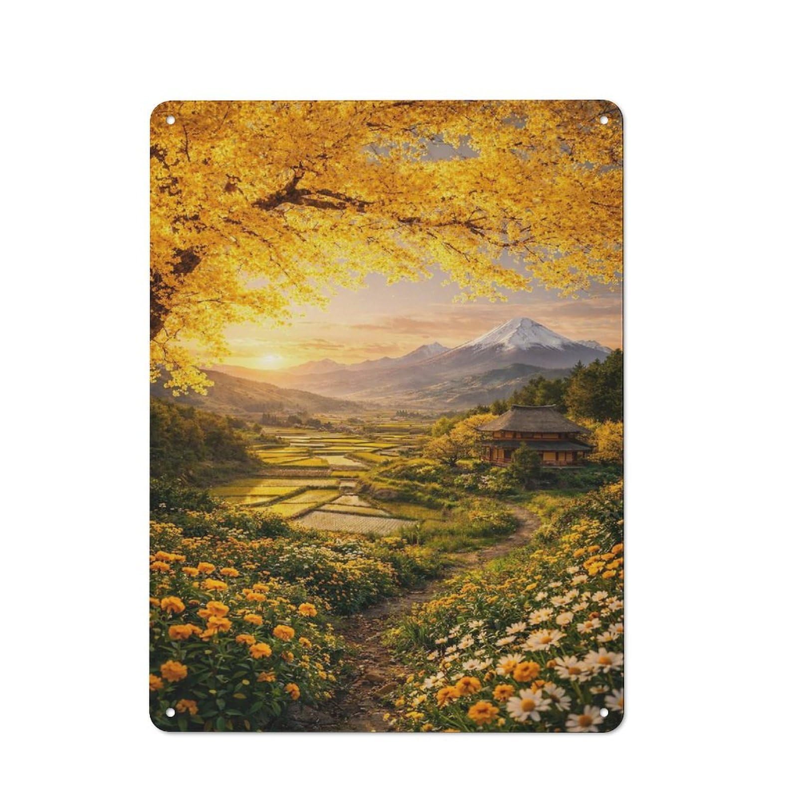 Junmoney Style-11 Weathered Look Autumn Japanese Landscape With Mount Fuji Metal Wall Sign 40X30cm, Shed Wall Plaque For Tool Room, Garage, Studio Or Home Bar