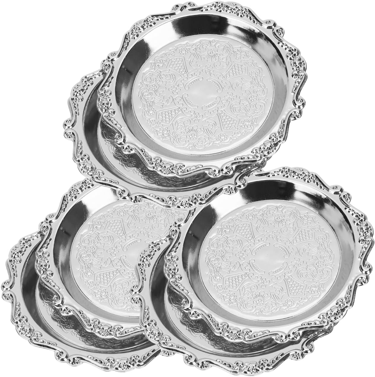 6Pcs Snack Serving Dishes, Vintage Metal Appetizer Plates, 4-Inch Silver Trays for Fruits Nuts Candy Party Use