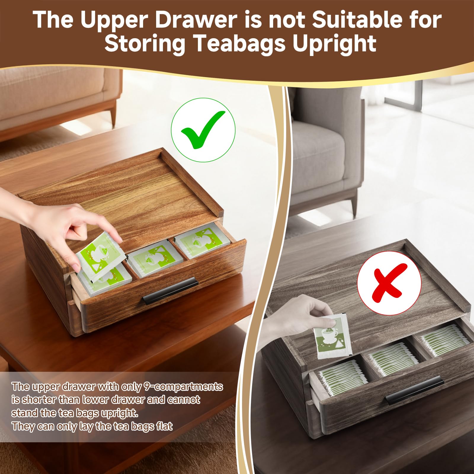 Teebeutel-Organizer aus Akazienholz mit Geschenkbox, Teebox mit doppelter Schublade, Teezubehör für Tee-Organizer und Aufbewahrungsbox, Teestation Truhe Caddy für Arbeitsplatte, Schrank, Büro (16