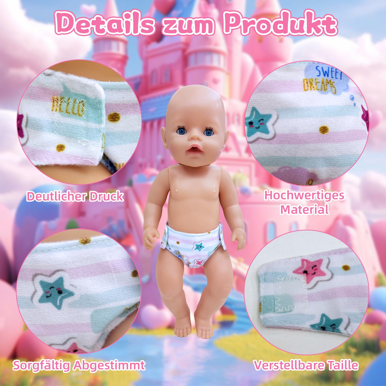 Lot de 6 couches de poupée pour poupée de bébé 30-43 cm, motif fleurs et étoiles, accessoires de poupée réutilisables mignons et exquis, cadeau pour petites filles, 6 pièces vêtements de poupée
