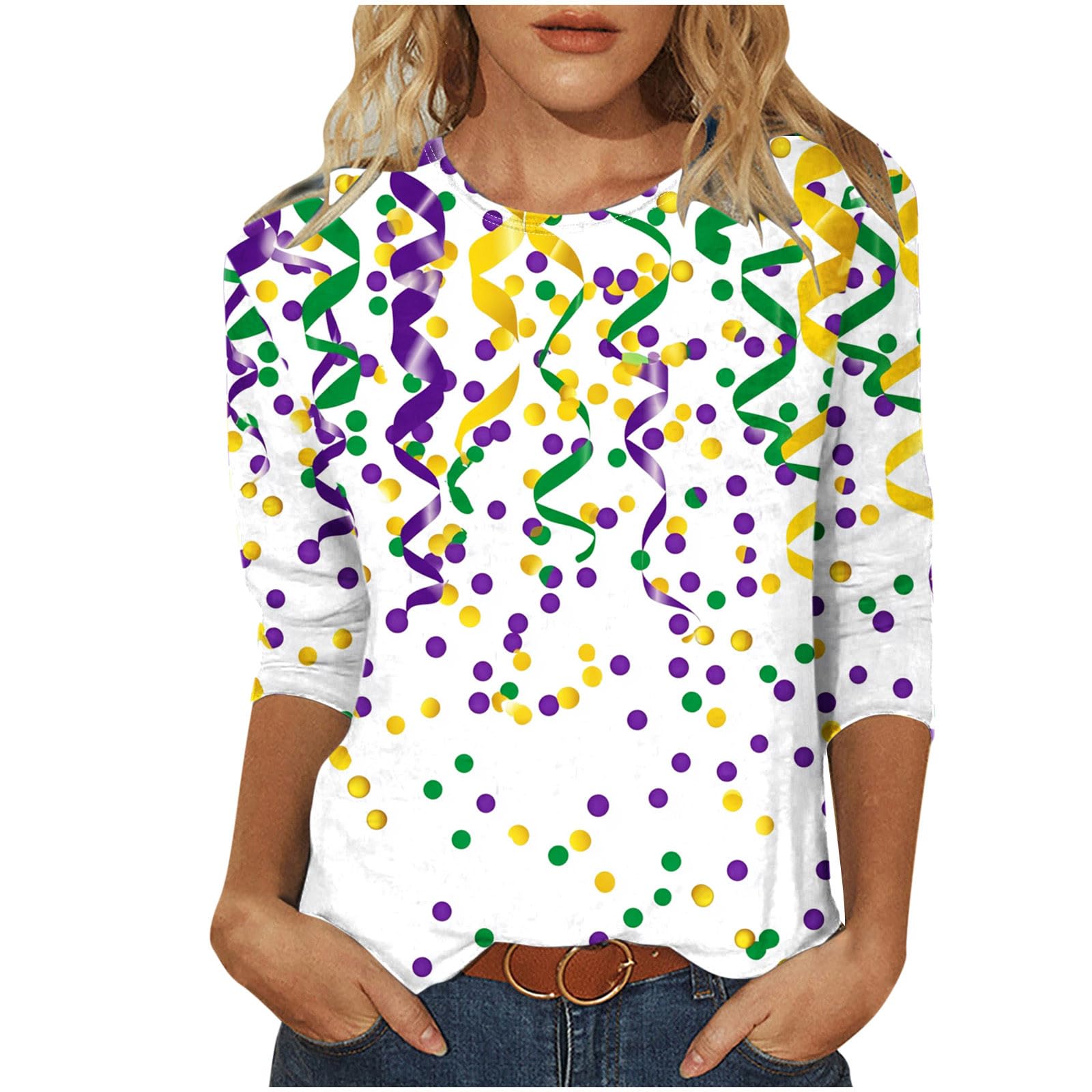 Mardi Gras Shirts for Women Funny Mask Print 3/4 Sleeve Tops New Orleans Carnival Party Tshirt Casual Crewneck Blouse