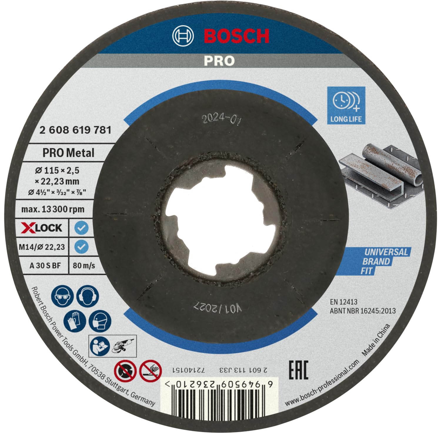 Bosch Professional 1x Mola da sbavo Standard for Metal X-​LOCK (per metallo, Ø 115 x 2.5 x 22,​23 mm, centro depresso, accessori per smerigliatrice angolare)