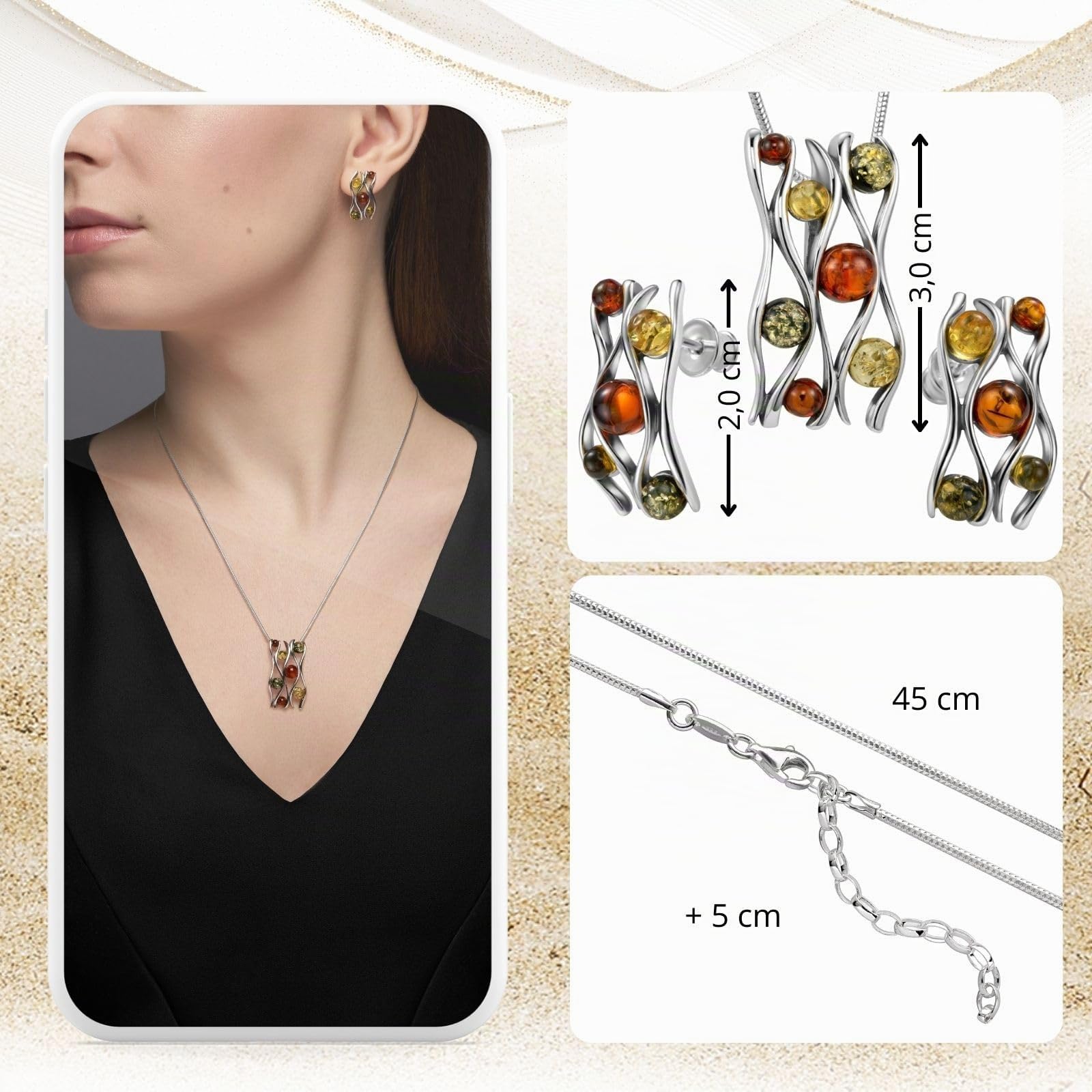 Copal Einzigartiges Bernstein-Schmuckset Aus Sterling Silber Mit Verstellbarer Kette