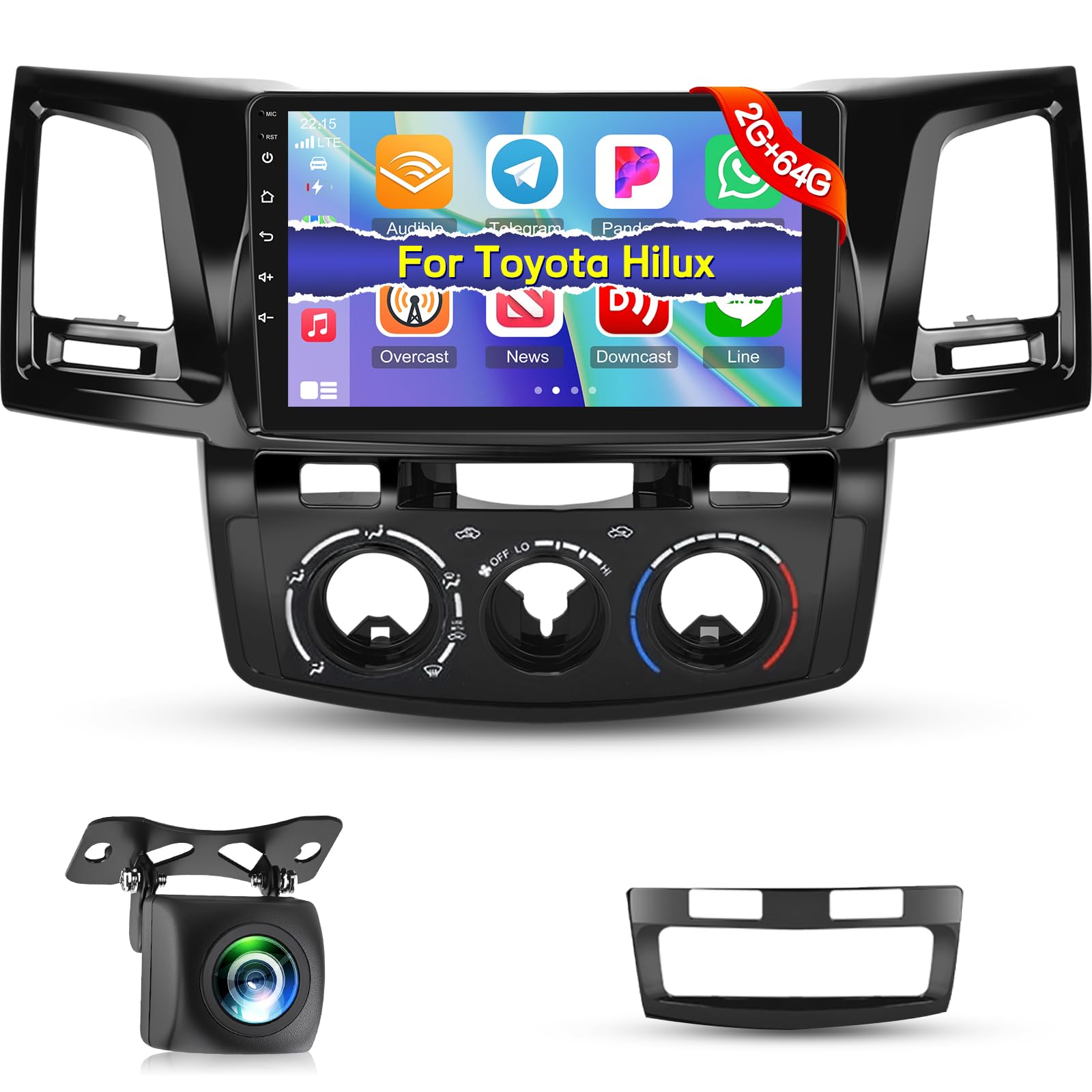 NHOPEEW 2G+64G Android Autoradio per Toyota Hilux 2005-2014 - Senza fili Carplay e Android Auto - 9 pollici Android Stereo con WiFi EQ GPS Mirror Link FM RDS + AHD Telecamera posteriore&Mic