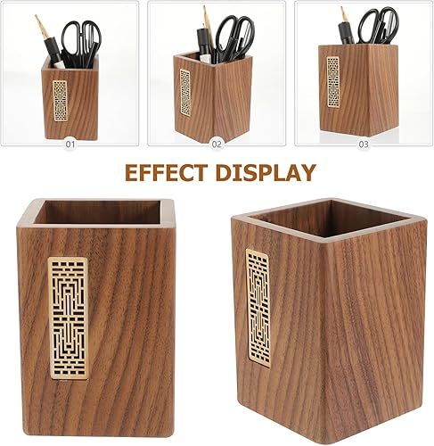 Miniatura 4 de Tofficu Soporte para bolígrafo de escritorio, soporte de madera para brochas de maquillaje, soporte cuadrado de madera para bolígrafo, cubiertos,