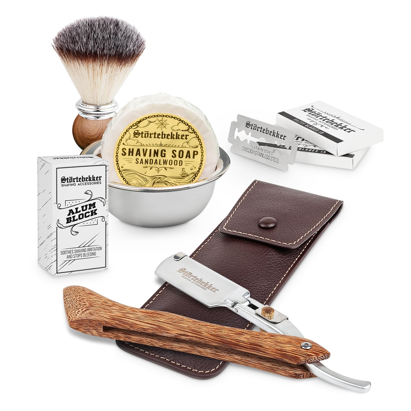 Störtebekker® Premium Rasiermesser Set für Herren im handgefertigten Lederetui - inkl. Rasierpinsel, Rasierschale, Rasierseife, Alaunstein und Rasierklingen - hochwertiges Nassrasierer Rasierset
