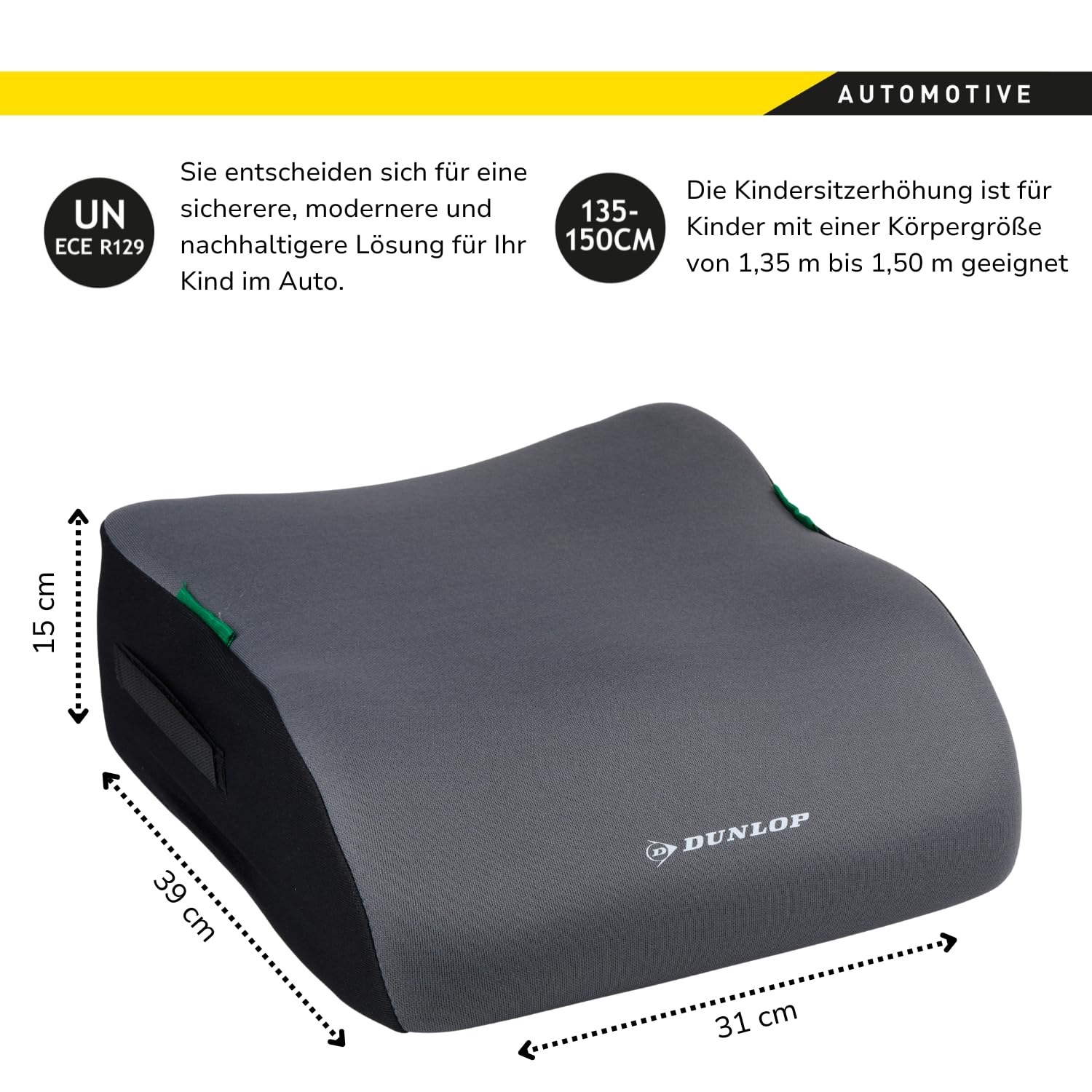 Dunlop Sitzerhöhung Auto Kinder Grau - Kindersitzerhöhung ECE R129 - Ergonomischer Kindersitz Ab 3 Jahre - Kinderautositz Mit Waschbarem Bezug - Sitzkissen Auto Für Kinder 135-150 cm