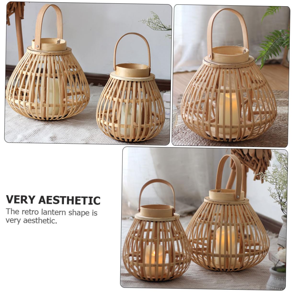 Candelabro Tejido de Bambú Beige Hecho a Mano, Estilo Linterna | Decoración del Hogar y Fiestas, Madera y Bambú, Incluye Velas, Tono Retro de Atmósfera Natural