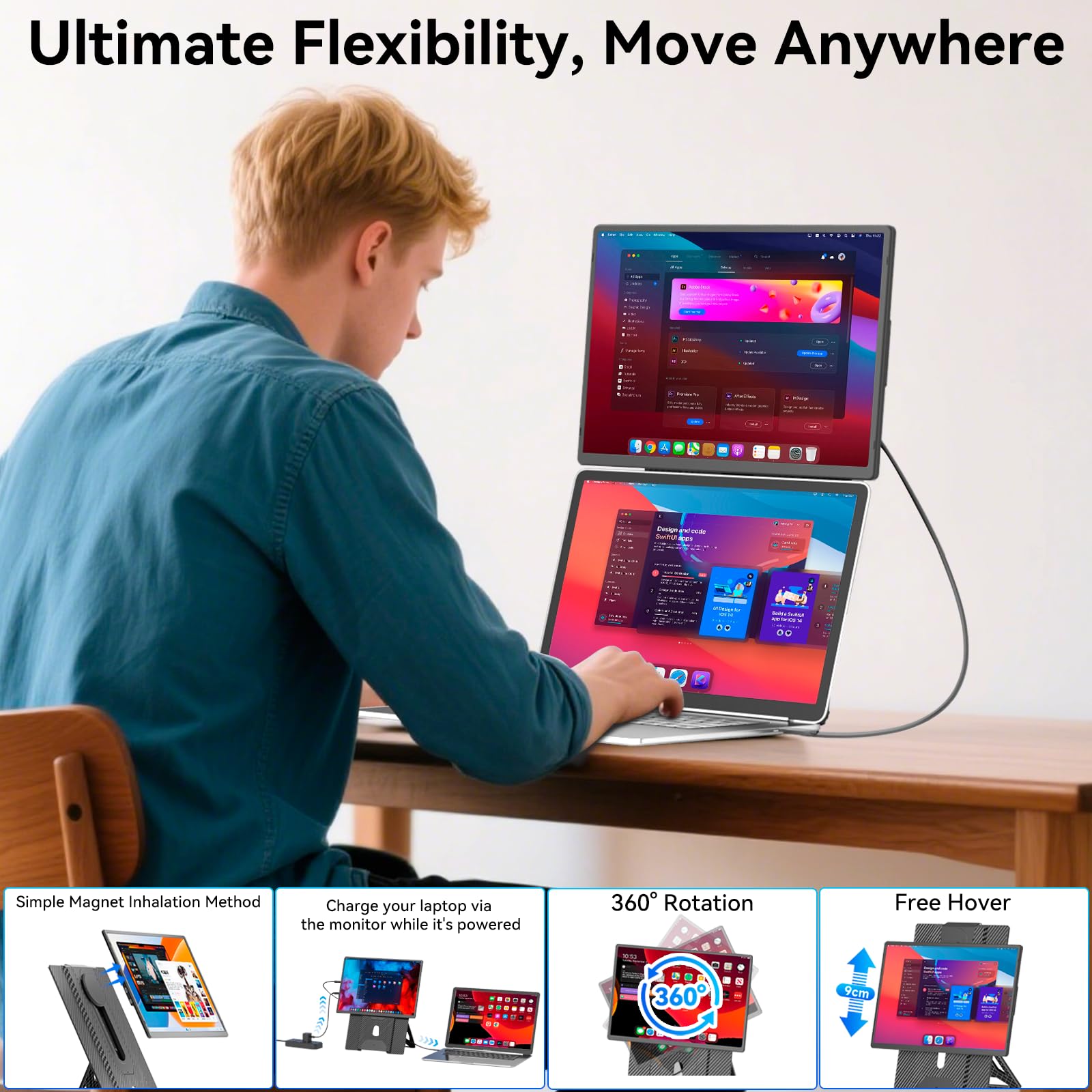 Monitor Portátil 16" IPS 1200P - Extensor de Pantalla para Portátil Ultra Delgado para Laptops 13-17.3", Compatible con Mac/Windows/Chrome, Pantalla Portatil Configuración Dual para Trabajo y Gaming.