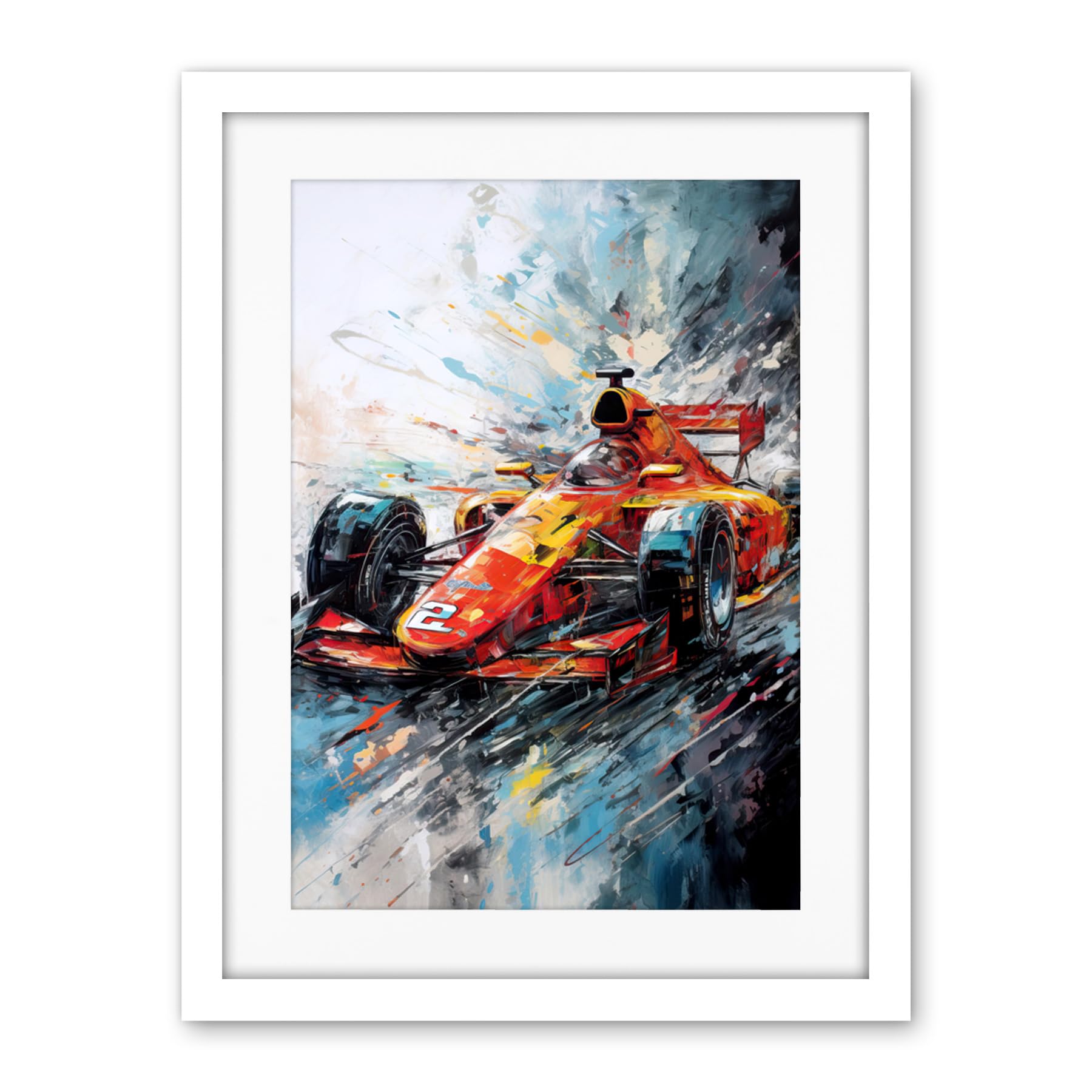 Artery8 Orange Race Car Grand Prix Action Shot Painting Artwork Framed Wall Art Print 18X24 Inch