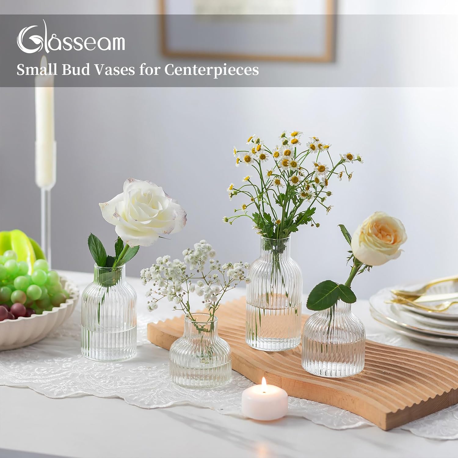 Glasseam Glass Bud Vases for Centerpieces: Modern Small Flower Vase Set of 4 for Home Decor - Clear Mini Table Centerpieces for Minimalist Living Room Shelf Kitchen Wedding Party Decorations - Image 3