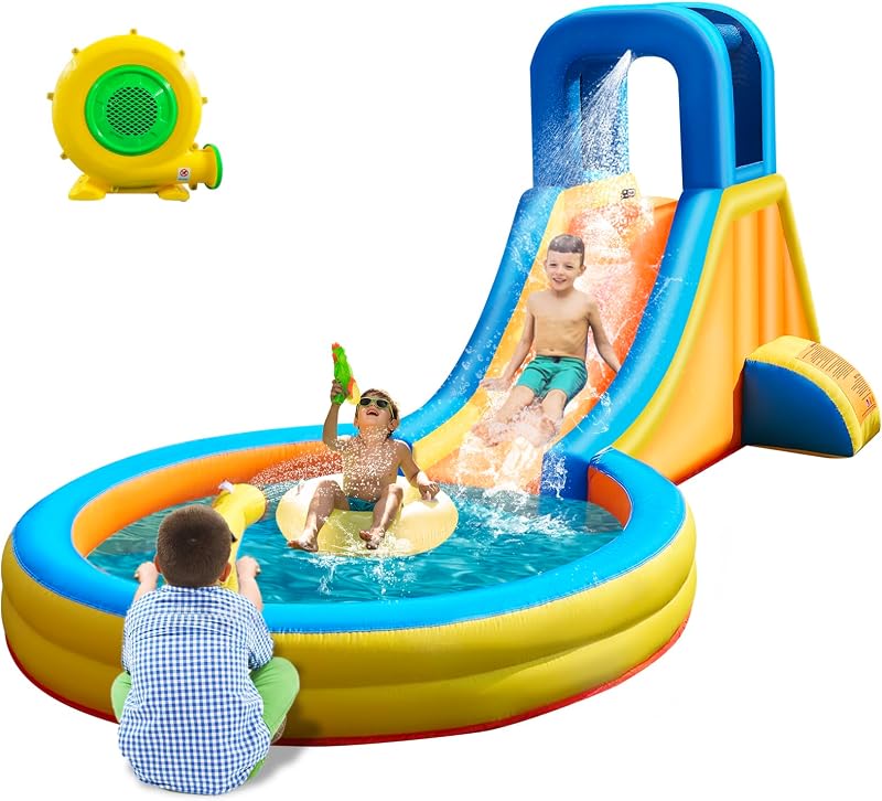 Inflatable Water Slide, 5-in-1 Round Pool Water Park with Blower | 5-in-1 Round Pool, 370W blower. For kids; long slide, wall, pool, cannon and spray spout. Made for backyard water play.