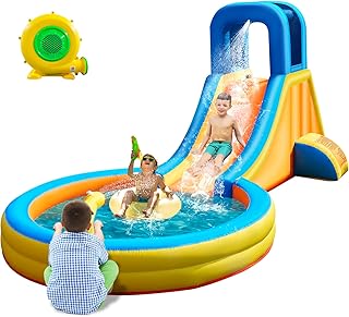 Inflatable Water Slide for Kids – 5-in-1 Blow Up Bounce House with Long Slide, Climbing Wall, Splash Pool, Water Cannon, Spray Water Spout – Backyard Toddler Water Park with 370W Blower & Storage Bag