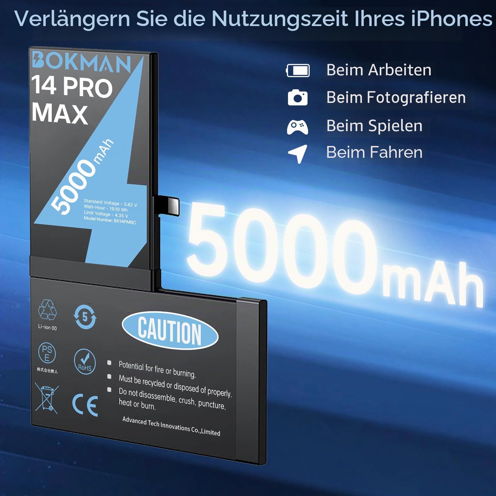 bokman Akku für iPhone 14 Pro Max, 5000 mAh, hohe Kapazität, Ersatzakku mit allen Sets