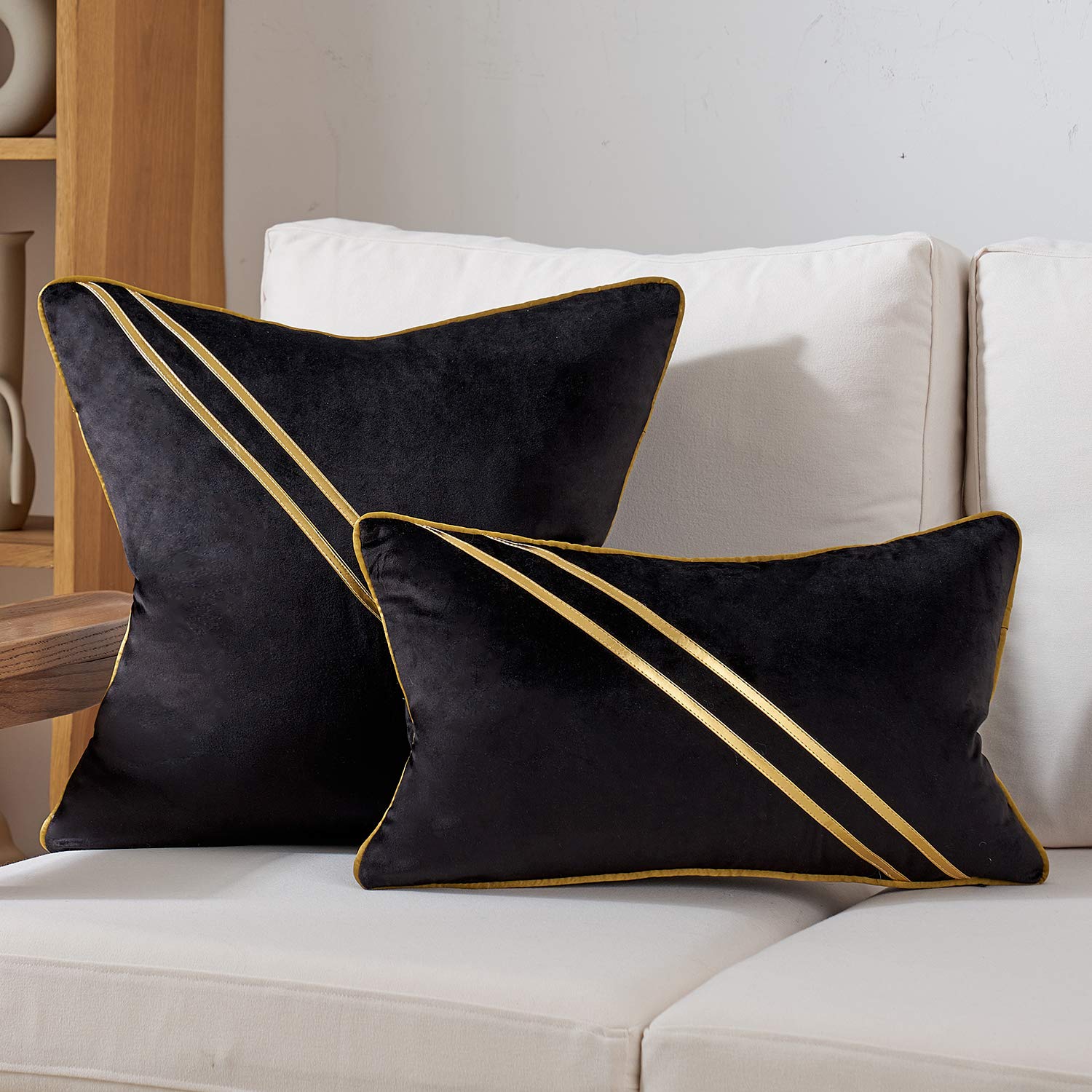 LUOYEHK Black Velvet Throw Pillow Covers 18x18 Set Of 2 - Gold Leather & Sequin Luxury Decor