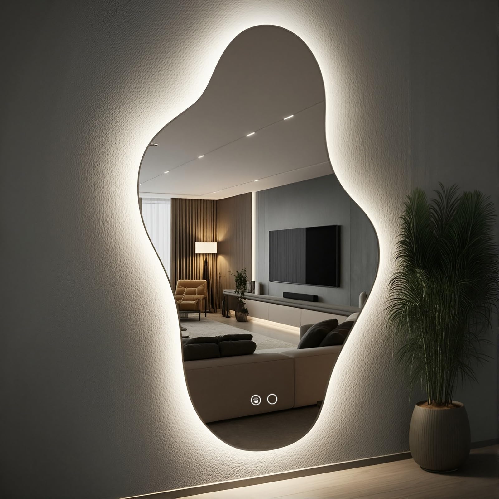 Irregular LED Wall Mirror with Lights, Frameless Vanity Mirror for Bathroom & Dressing Area, 3 Colors and Touch Dimmable, Horizontal/Vertical(55.1"x31.5")