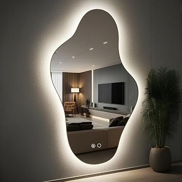 Irregular LED Wall Mirror with Lights, Frameless Vanity Mirror for Bathroom & Dressing Area, 3 Colors and Touch Dimmable, Horizontal/Vertical39.4"x22.5"