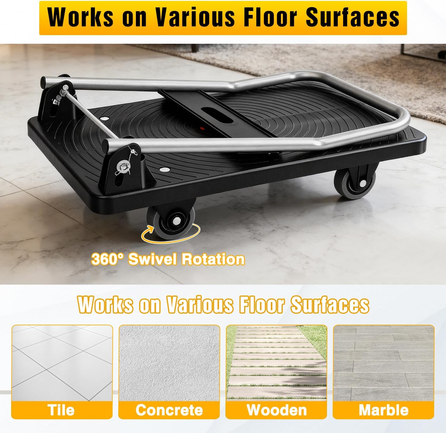 Foldable Platform Cart, 220 lbs Capacity Push Cart Dolly with 3-Inch PU Wheels, No Assembly Required, 26 x 15.7 Inch PP Deck Flatbed Cart for Home Use, Black