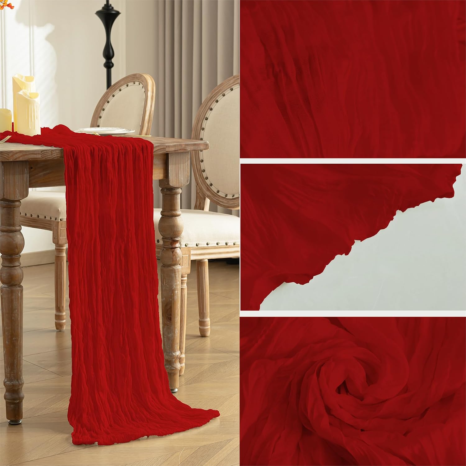 Baccessor 2 Pack Christmas Cheesecloth Table Runner 13x120 Inch, 10ft Red Gauze Table Runner, Boho Rustic Cheese Cloths Runner for Xmas Winter Holiday Decor