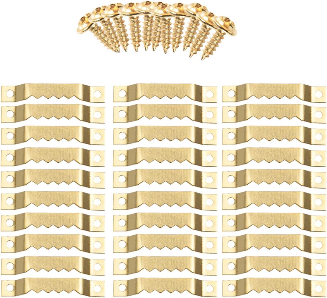Sawtooth Hangers Picture Frame Hanging 40mm Hanger Double Hole with #4 Screws Golden (100 Pack)