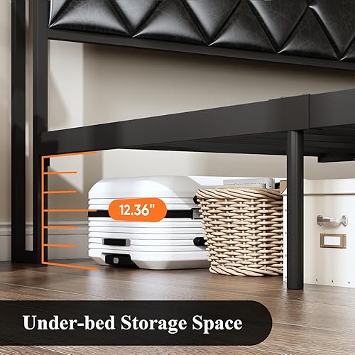 Miniatura 5 de WELTOKE Base de cama tamaño King con cabecera de almacenamiento y cajones de velcro, cama de cuero tapizada negra con estación de carga de 2
