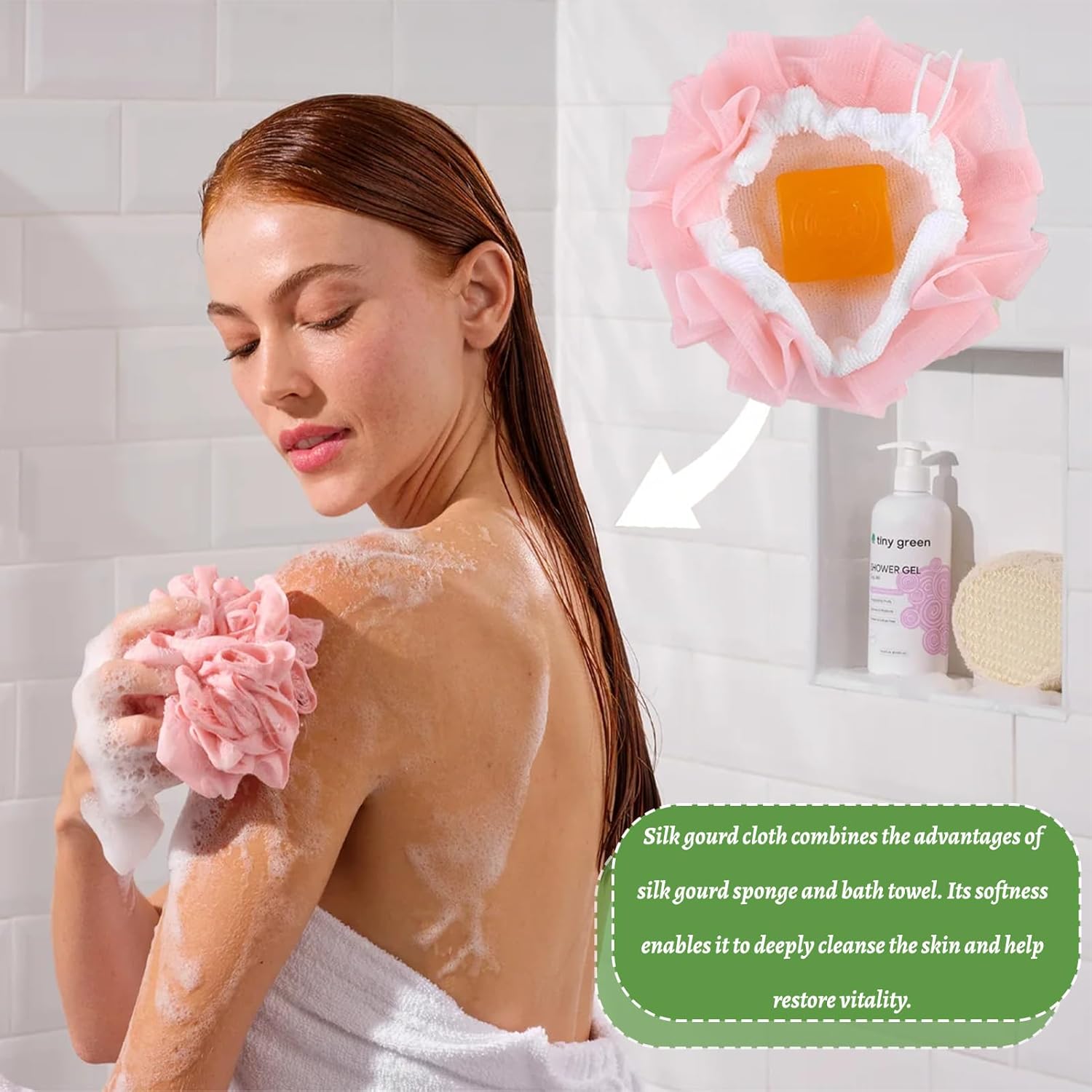 2pcs Loofah Cloth for Bar Soap,2-in-1 Shower Washcloth Loofah Washcloth Pink and Green, Bar Soap Pouch for Cleansing and Smooth Skin - Image 5
