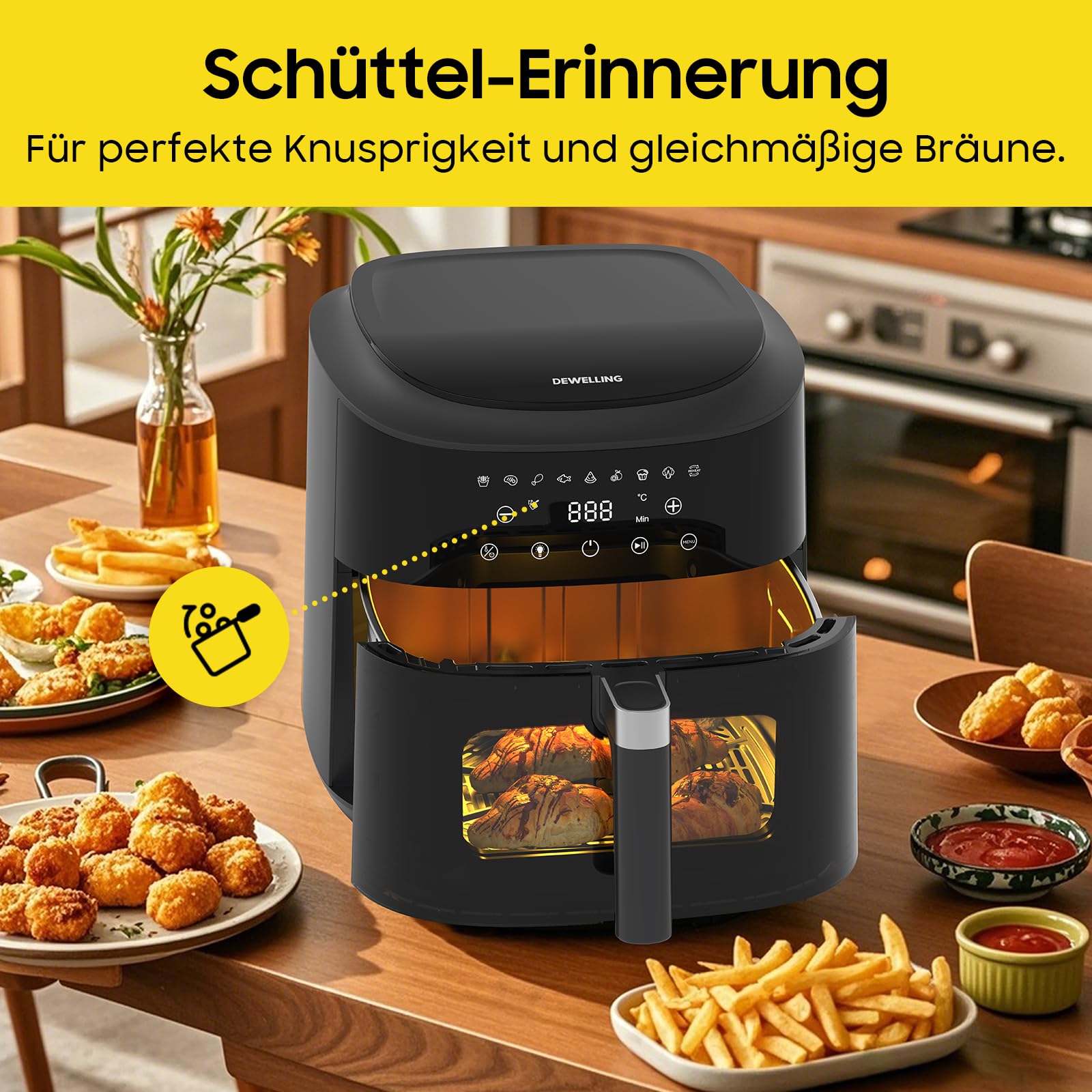 Air Fryer XXL 9 L - 2350 W Friteuse à air avec grande fenêtre, cuisson rapide, 9 programmes, écran tactile LED, alimentation secteur et intérieur en métal