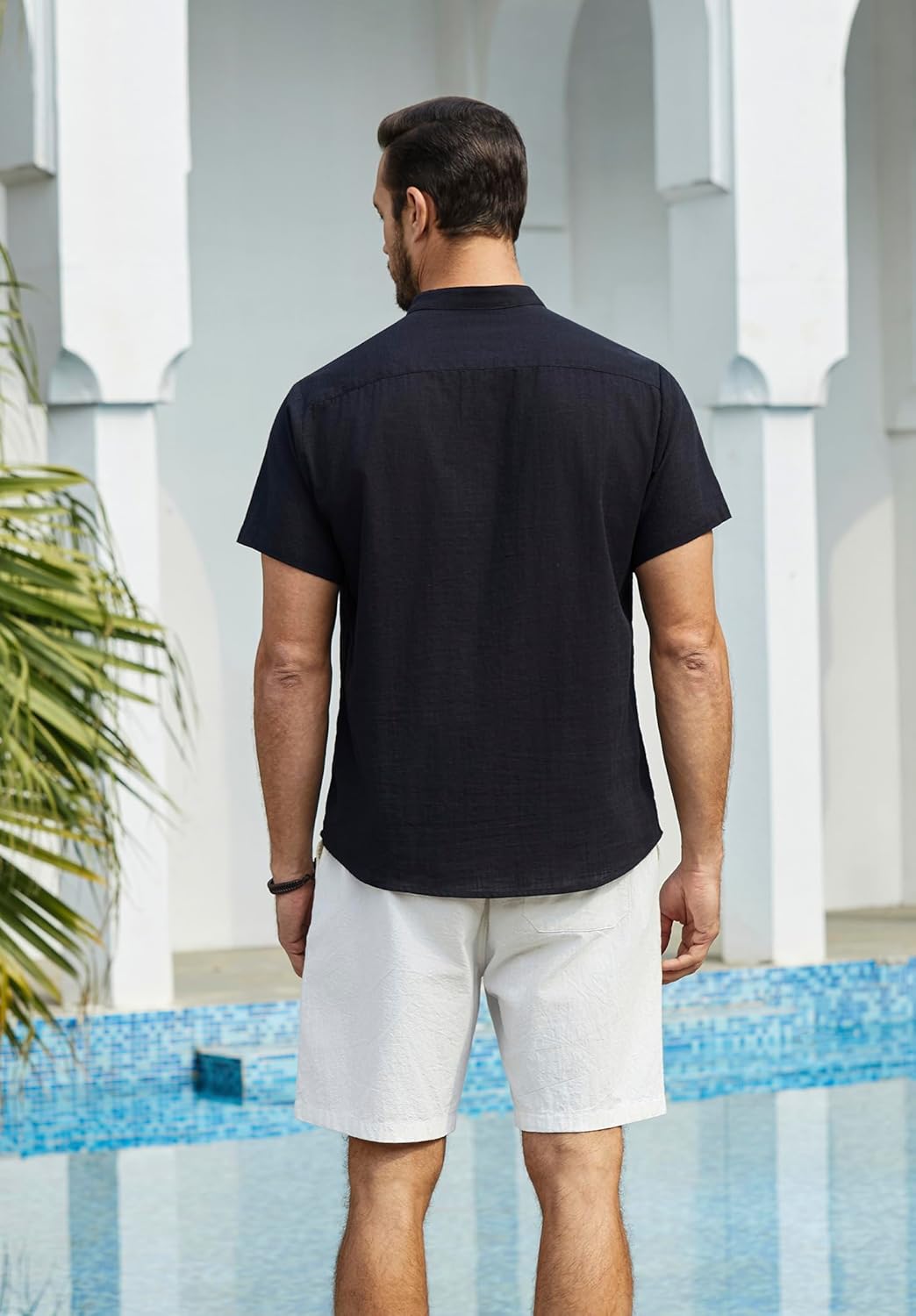 Enlision Mens Cotton Linen Henley Shirts Casual Short Sleeve Shirt Summer Beach Hippie Tshirt Band Collar Shirt for Men - Image 3