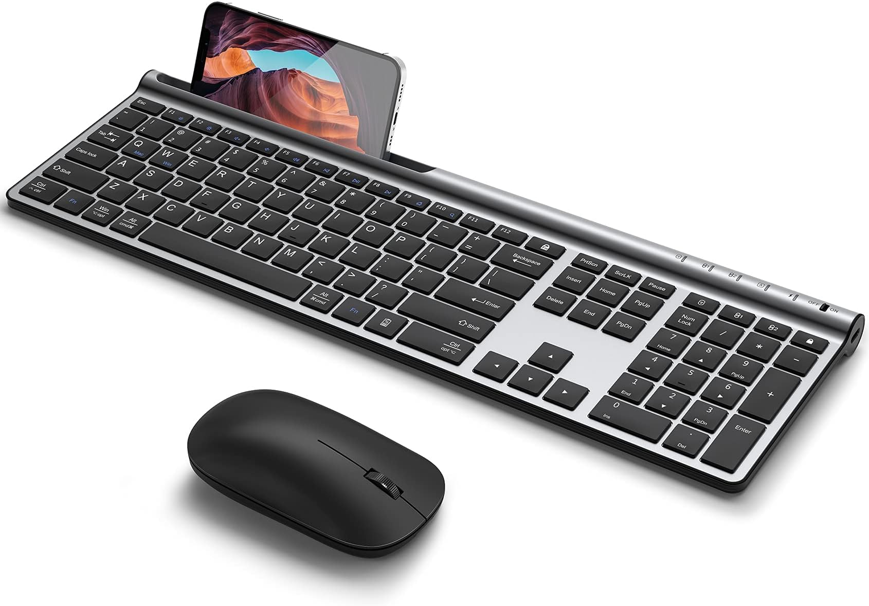 CHESONA Wireless Keyboard and Mouse Combo, Wireless Rechargeable Full Size Mulit-Device (BT 5.0+3.0+2.4G) Keyboard Mouse Combo for Mac OS/iOS/Windows/Android (Silver Black)