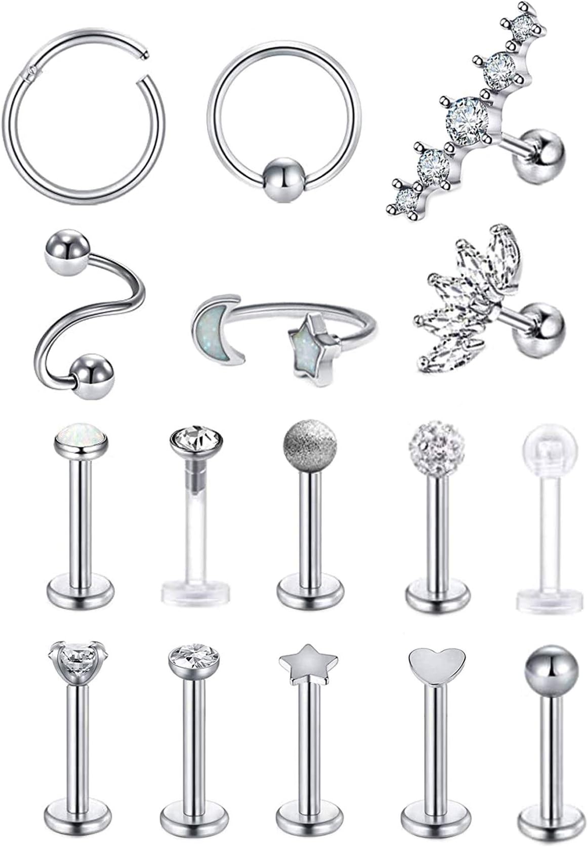 REVOLIA 16 Pcs 16G Stainless Steel Tragus Earring Cartilage Helix Single Earring Lip Rings Labret Studs Daith Rook Piercing