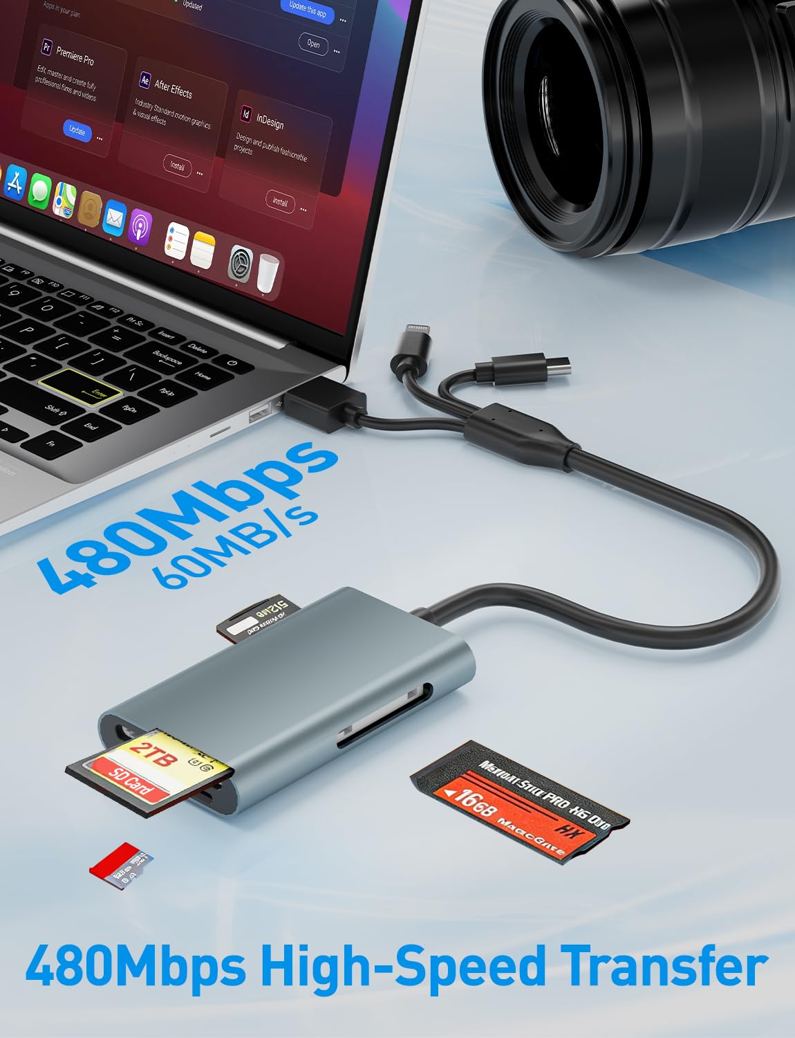 Czytnik kart pamięci 4 w 1 do kart SD/Micro SD/MS/xD, adapter Memory Stick Pro Duo ze złączami Lightning/USB-C/USB-A, czytnik kart Sony Cybershot do iPhone'a 17/16/15/14/Android/PC