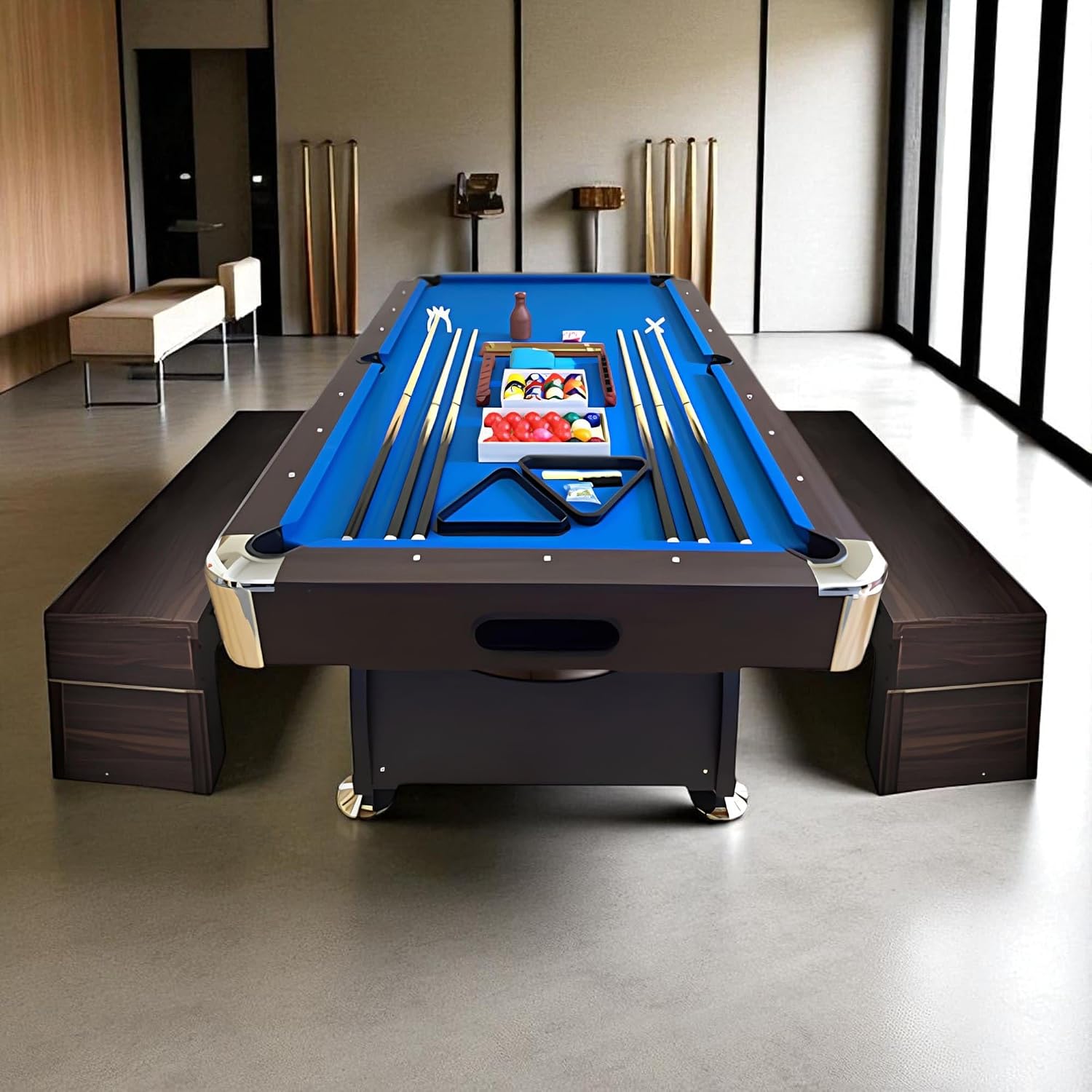8 Foot Pool Table with Storage Benches Modern Billiard Table with Blue Felt and Ball Return - Vintage Blue