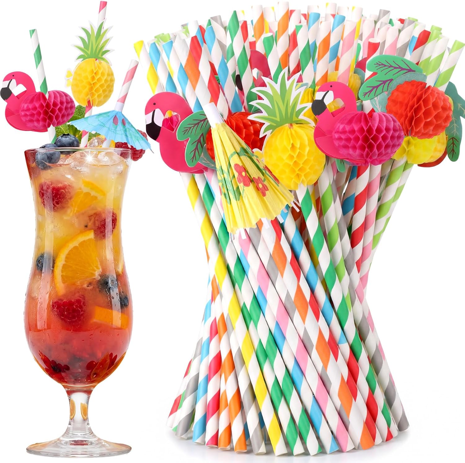 Eaasty 500 Pcs Flamingo Fruit Paper Drinking Straws Bulk Disposable Paper Drinking Cocktail Straws Honeycomb Party Decorations for Hawaiian Luau Pool Party Birthday Wedding, Assorted Colors