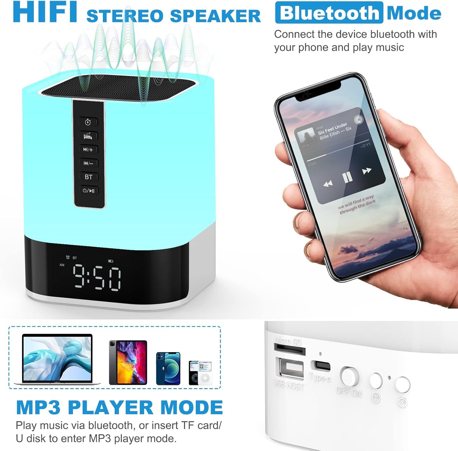 Veilleuse Photo Personnalisable + Haut-parleur Bluetooth - Réveil, Radio, Lampe Tactile RGB