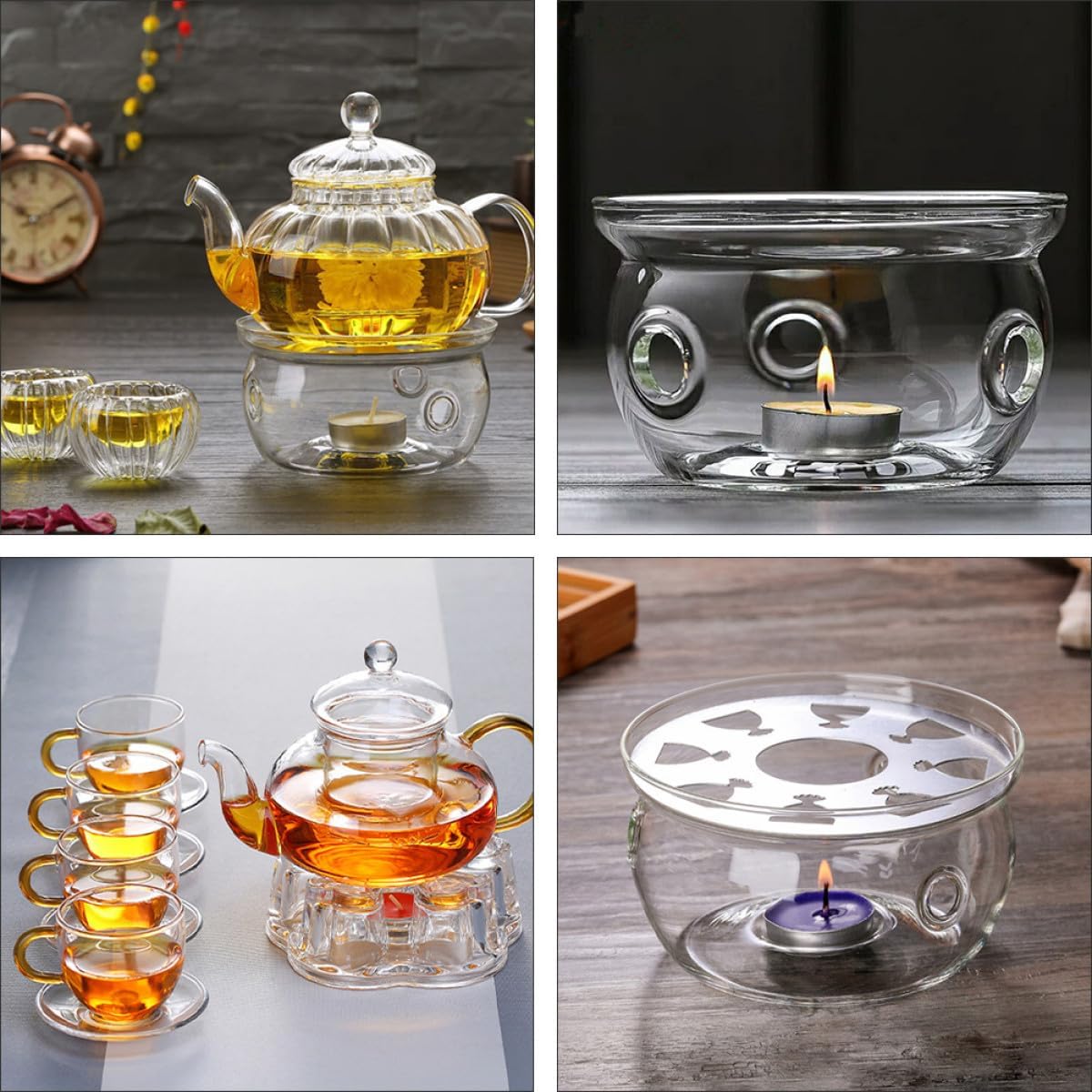 2pcs Glass Tea Warmer Borosilicate Teapot Heater with Round Heart-Shaped Base Practical Stove for Tea Lovers Home Office Cafe Use