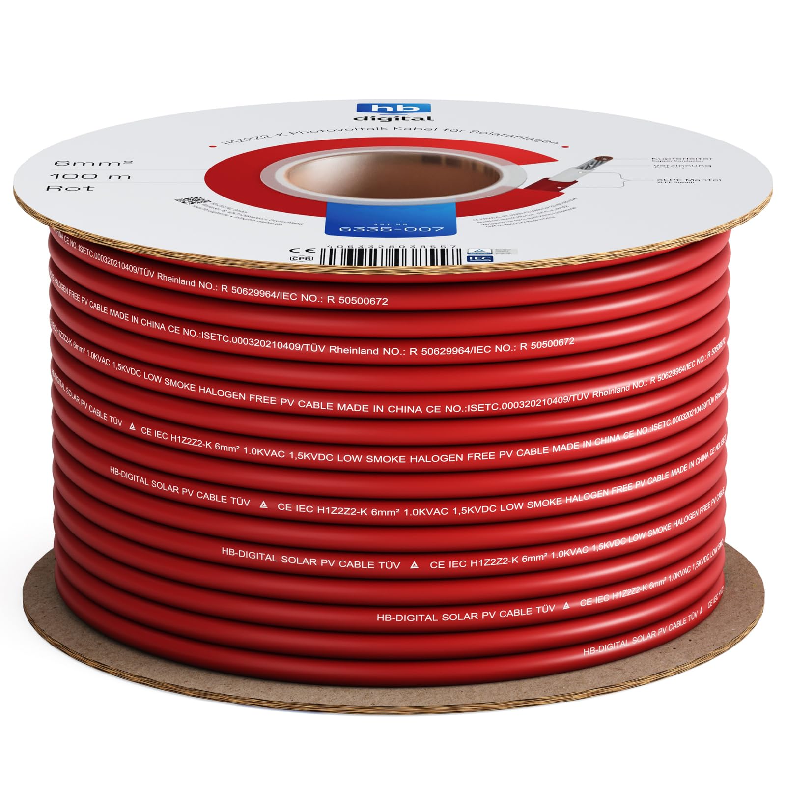 hb-digital 100m Kabel solarny H1Z2Z2-K Testowany przez TÜV Rheinland 6 mm2 odporny na działanie promieni UV elastyczny kabel PV czysta miedź 1500V przedłużacz fotowoltaiczny do paneli słonecznych