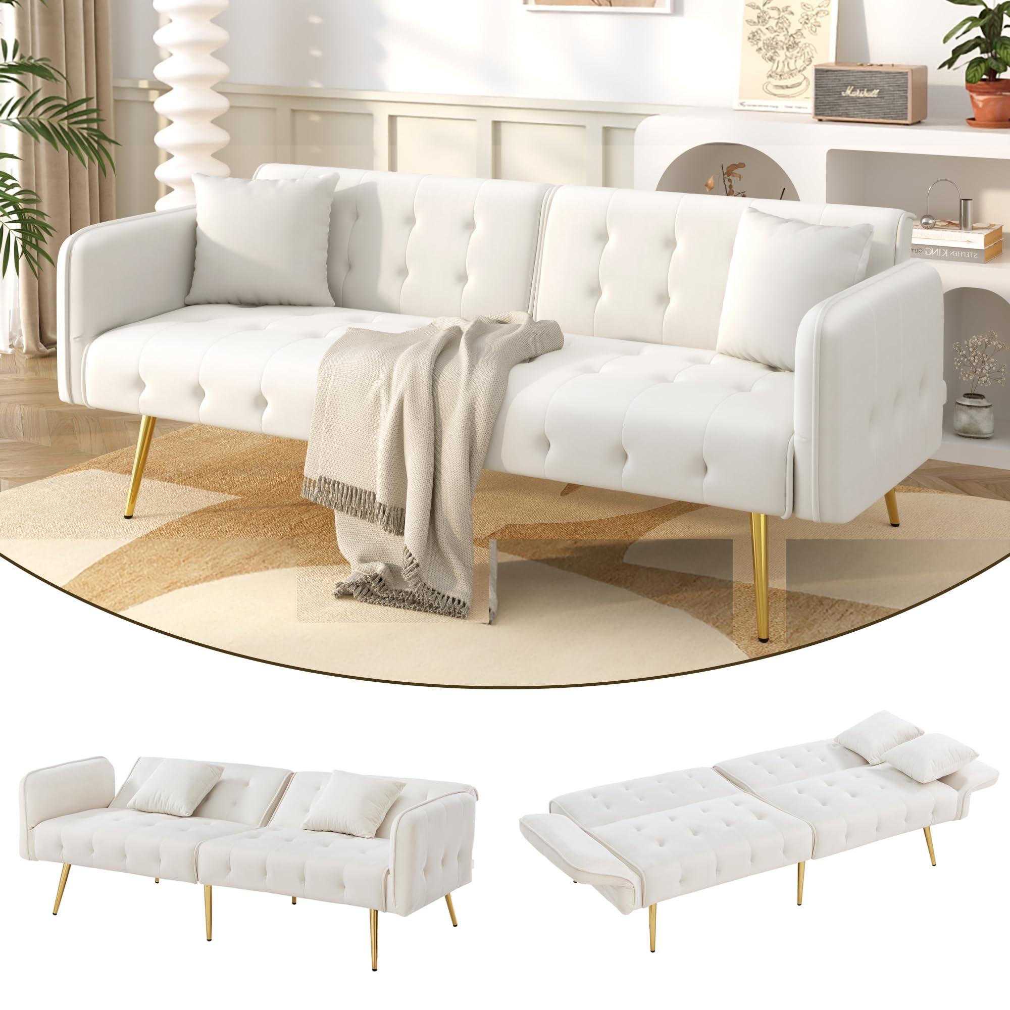 Divano letto con funzione letto, schienale regolabile + braccioli multicifre, bianco antico