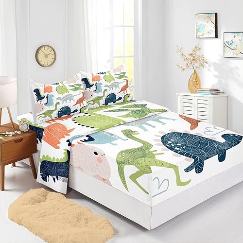 CVHouse Juego de sábanas de dinosaurio tamaño matrimonial, juegos de ropa de cama de dinosaurio lindo de dibujos animados para niñas, niños, CVHouse Juego de sábanas de dinosaurio tamaño matrimonial, juegos de ropa de cama de dinosaurio lindo de dibujos animados para niñas, niños,