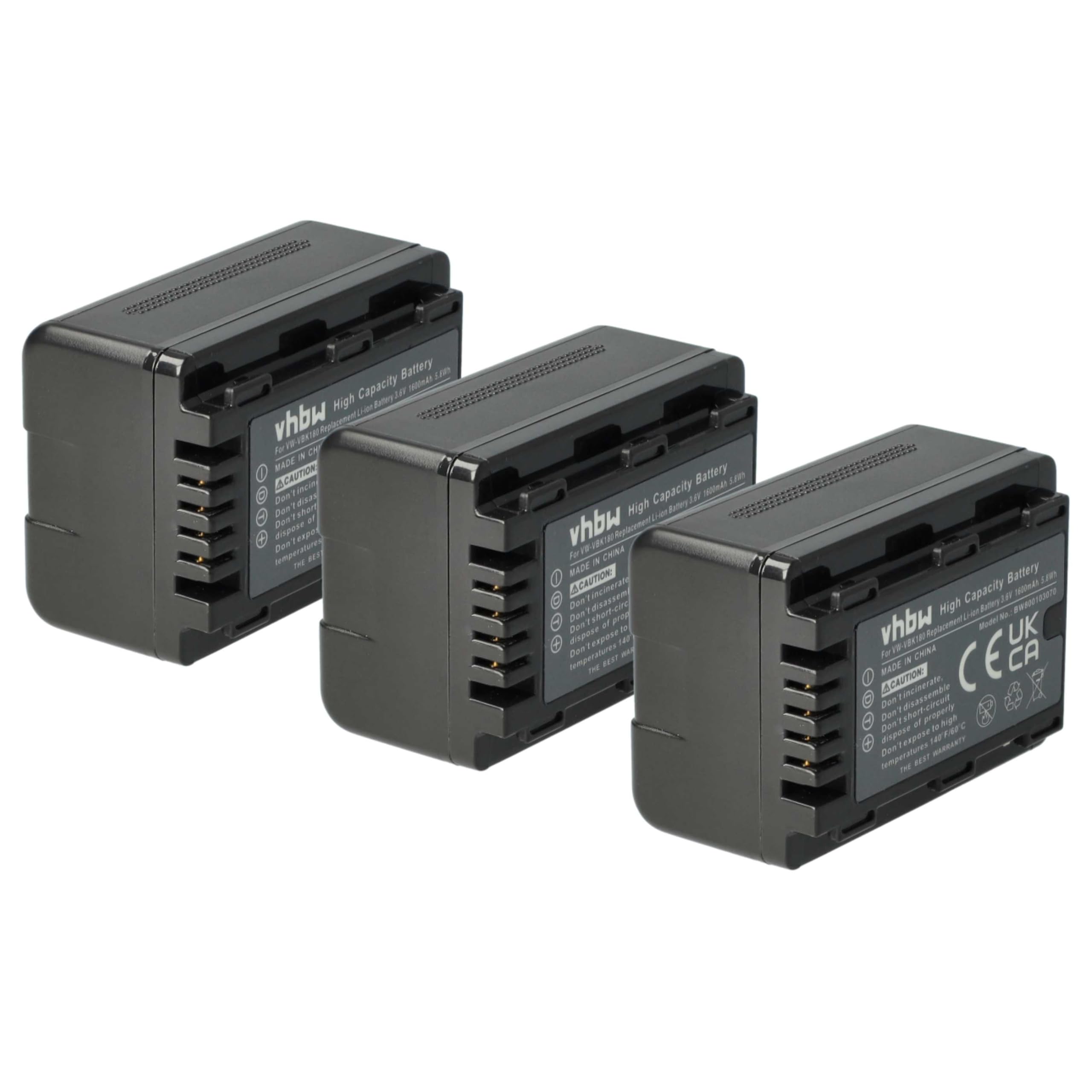 vhbw Bateria 3 x kompatybilna z Panasonic HC-V100, HC-V10, HC-V100EG-K kamera (1600 mAh, 3,6 V, Li-ion) z infochipem