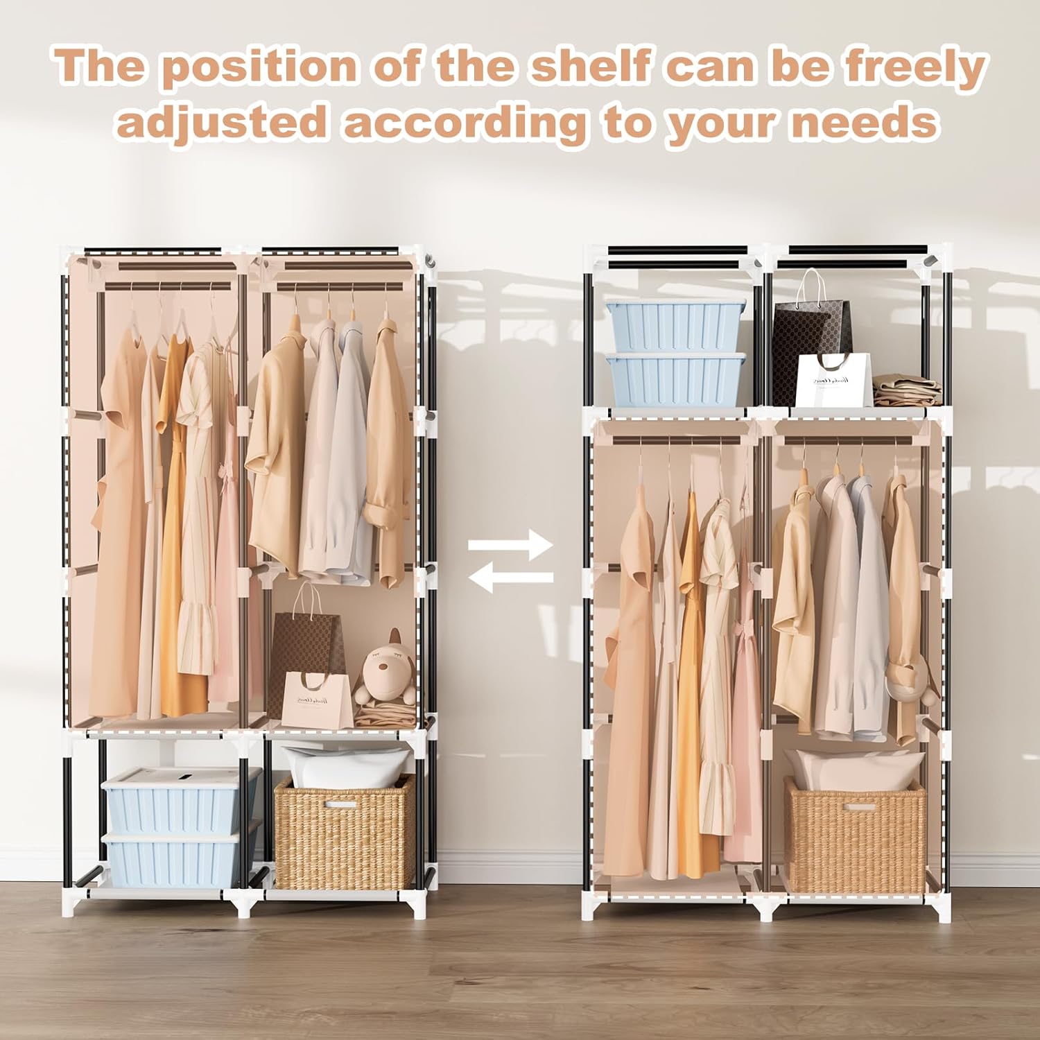 Portable Closet for Hanging Clothes, Portable Wardrobe Closet with Cover, 4 Storage Shelves, 2 Hanging Rods and 8 Side Pockets, Easy Assembly and Sturdy Free Standing Closet for Bedroom, White