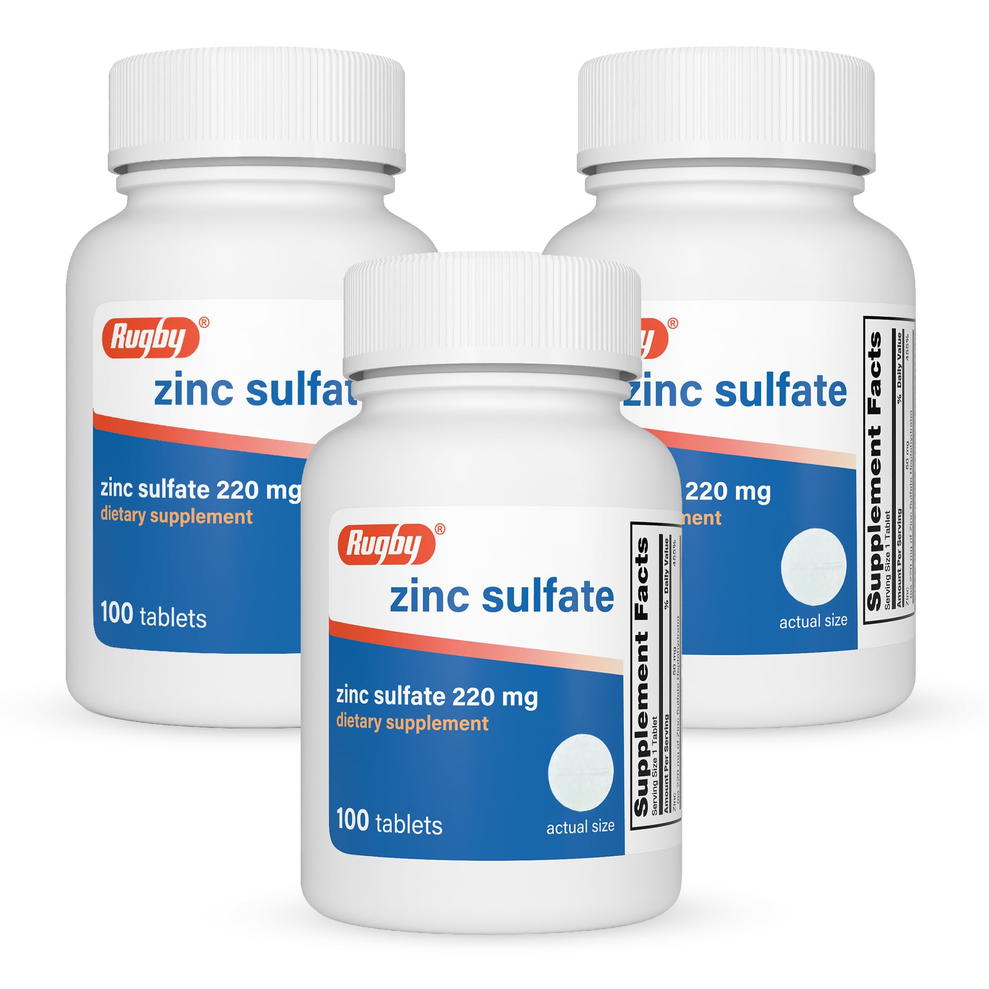 Rugby Zinc Sulfate 220 mg Tablets - Made with Zinc Sulfate Heptahydrate - Dietary Supplement - 100 Count (3 Pack) 100 Count (Pack of 3)