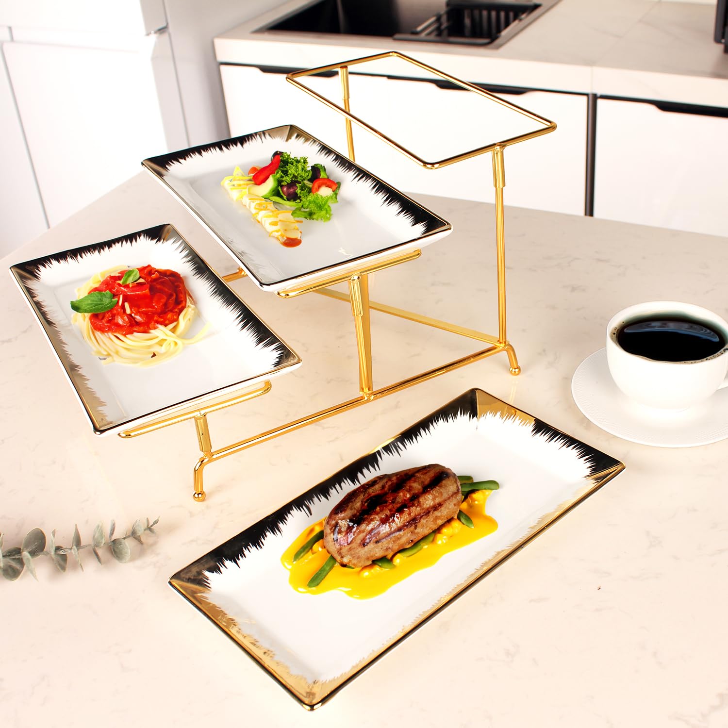 Set di 3 vassoi da portata con 3 vassoi in porcellana da 29 cm e bordo dorato, robusto supporto in oro, per feste, presentazioni di cibo, dessert alla frutta