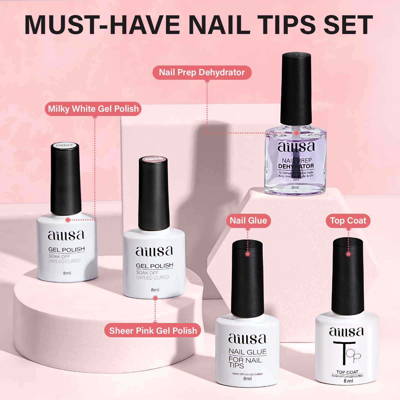AILLSA Kit de uñas de gel de punta corta 240 piezas con base de pegamento 2 en 1 y secador de uñas, kit de uñas postizas con top coat UV para principiantes.