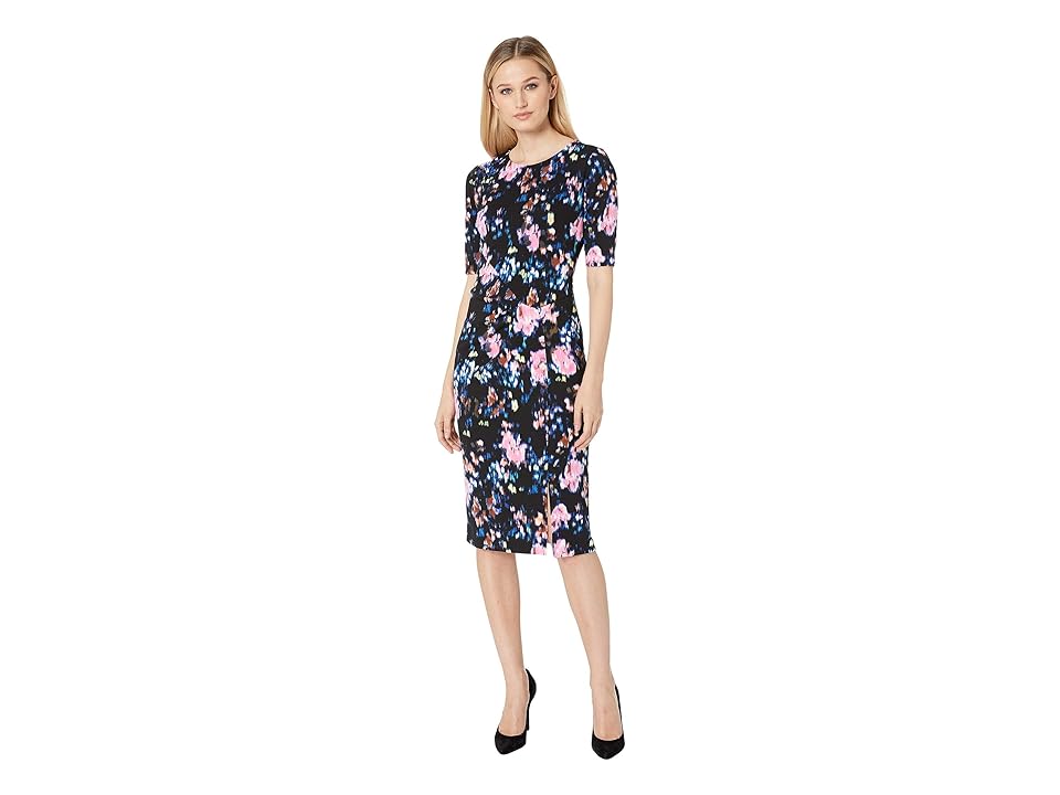 

London Times Printed Scuba Crepe Wrap Dress (Black/Pink) Women's Dress