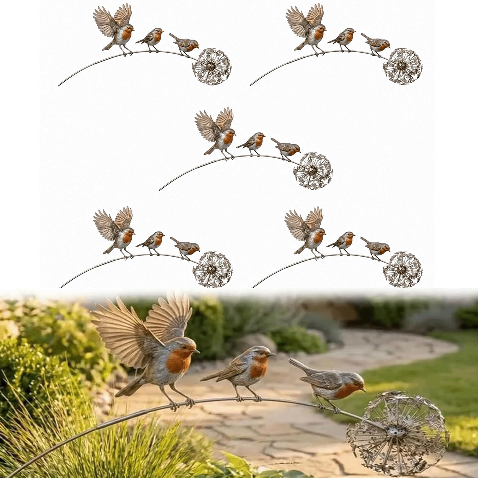 WMGDLP Rustic Iron Bird Yard Art Decoration,Swaying Metal Robin Garden Stake with 3 Birds & Dandelion Accent, Weather Resistant Kinetic Outdoor Sculpture, Memorial Garden Ornament Gift (5PCS)
